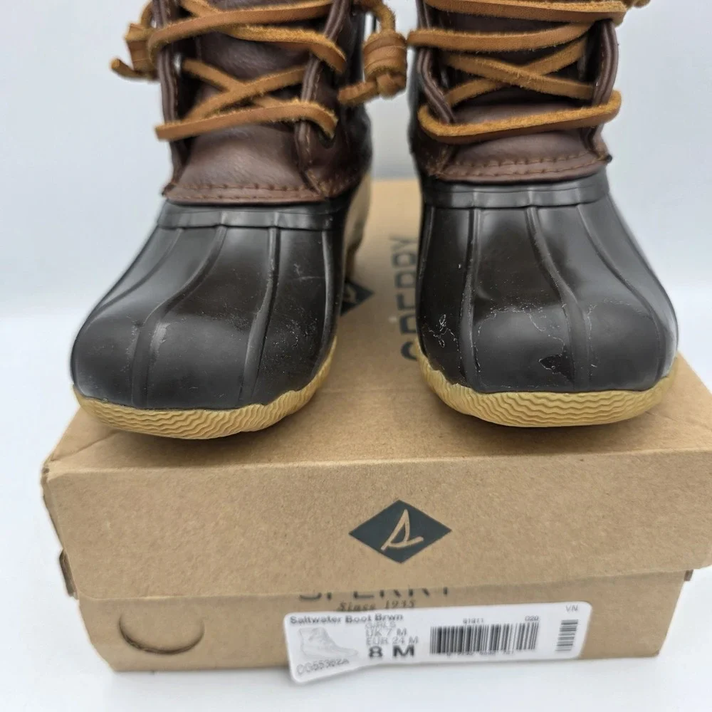 Sperry Saltwater Brown Duck Boots Girls Size 8 Ankle Side Zipper & LaceUp Shoes